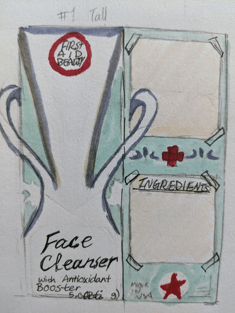 Face Cleanser "written" on apron on one visual and the one next to it showing paper "taped"