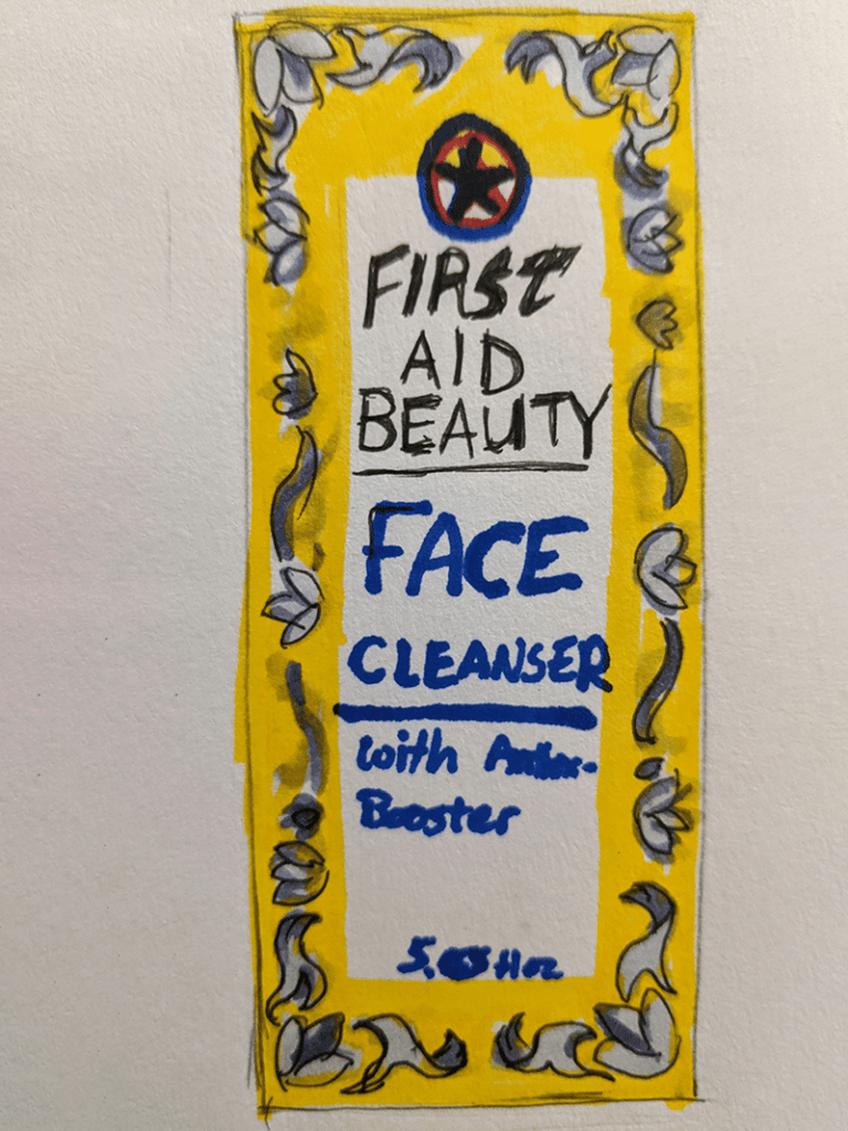 yellow background with grey flourish thumbnail for face cleanser