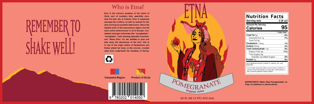 Etna Juice: Pomegranate bottle wrap Etna Juice: Lemon flavor bottle wrap in orange-red with Etna goddess on facing edge and info on sides