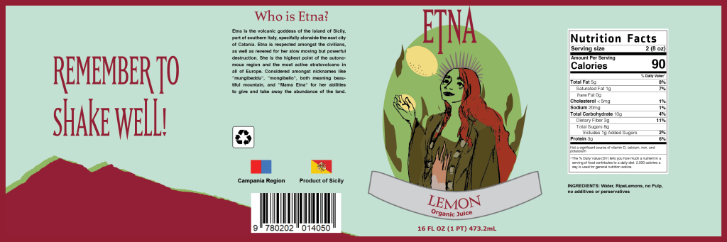 Etna Juice: Lemon flavor bottle wrap in green with Etna goddess on facing edge and info on sides