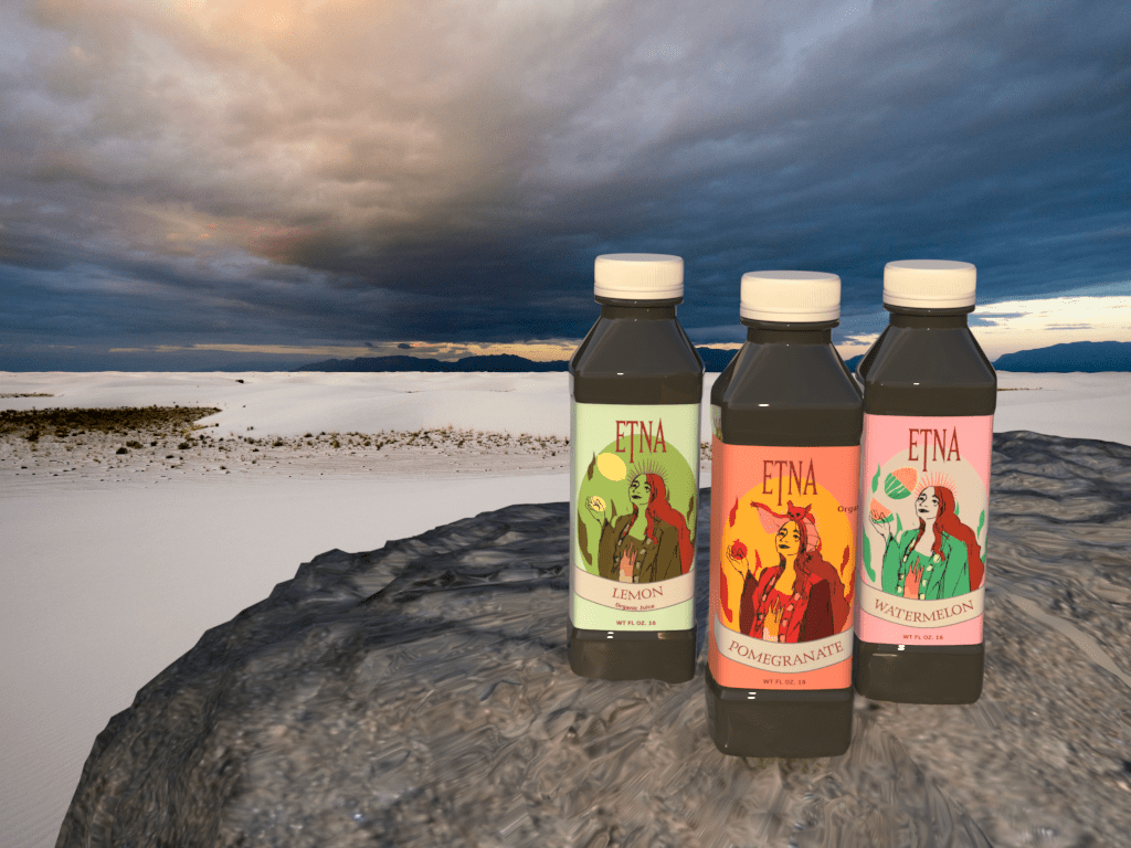 Etna Juice 3D render of bottle wrap in all three flavors: Lemon, Pomegranate, and watermelon with Etna goddess facing viewer