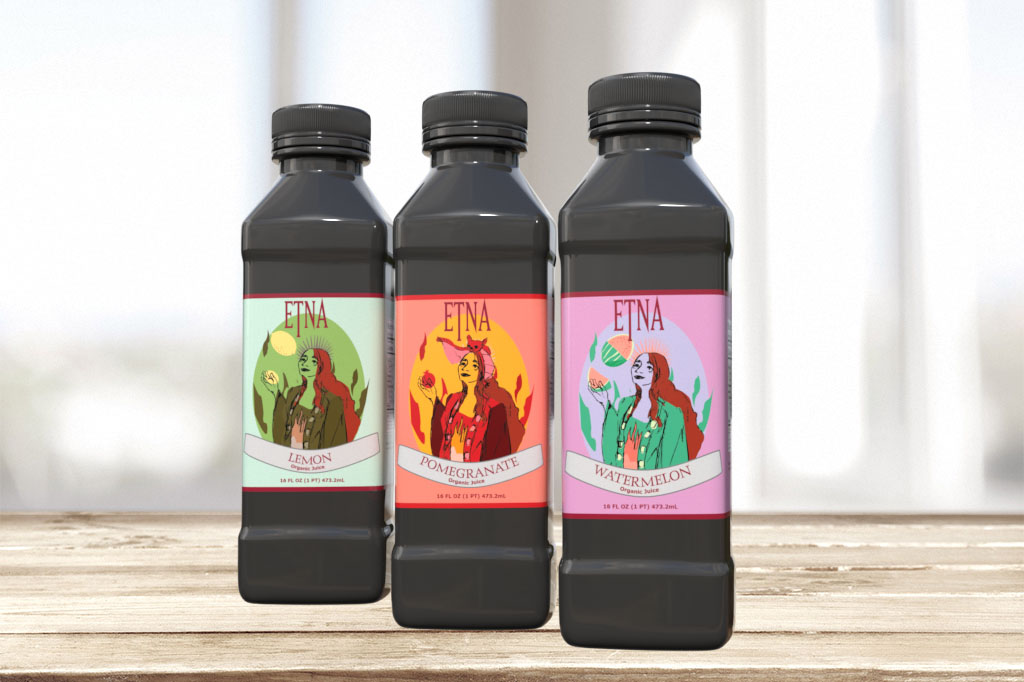 Etna Juice 3D Render in all three flavors: Lemon, Pomegranate, and watermelon with Etna goddess facing viewer