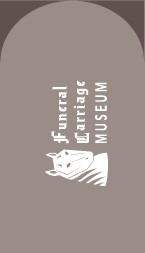 flat background of a muted brown business card with a whited out coffin-head horse logo with each word of Funeral Carriage Museum next to it.