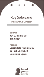 front of business card. Name, contact info, and logo for museum on the silhouette of a tombstone