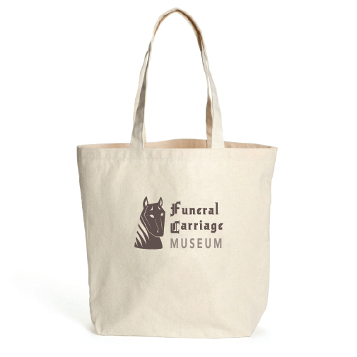 tote bag of brown logo of coffin-head horse with each word of Funeral Carriage Museum next to it.